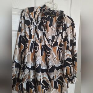 Sugarlips Abstract Ruffle Split V-Neck Top in Black, Tan & Cream Large